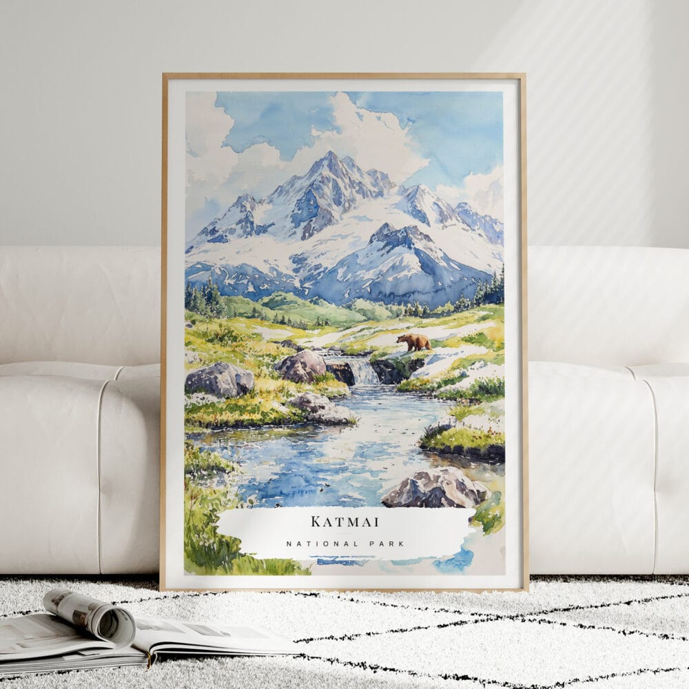 01 - Framed Katmai National Park Watercolor Wall Art leaning against couch - Portrait.jpg 01 - Framed Katmai National Park Watercolor Wall Art leaning against couch - Portrait.jpg
