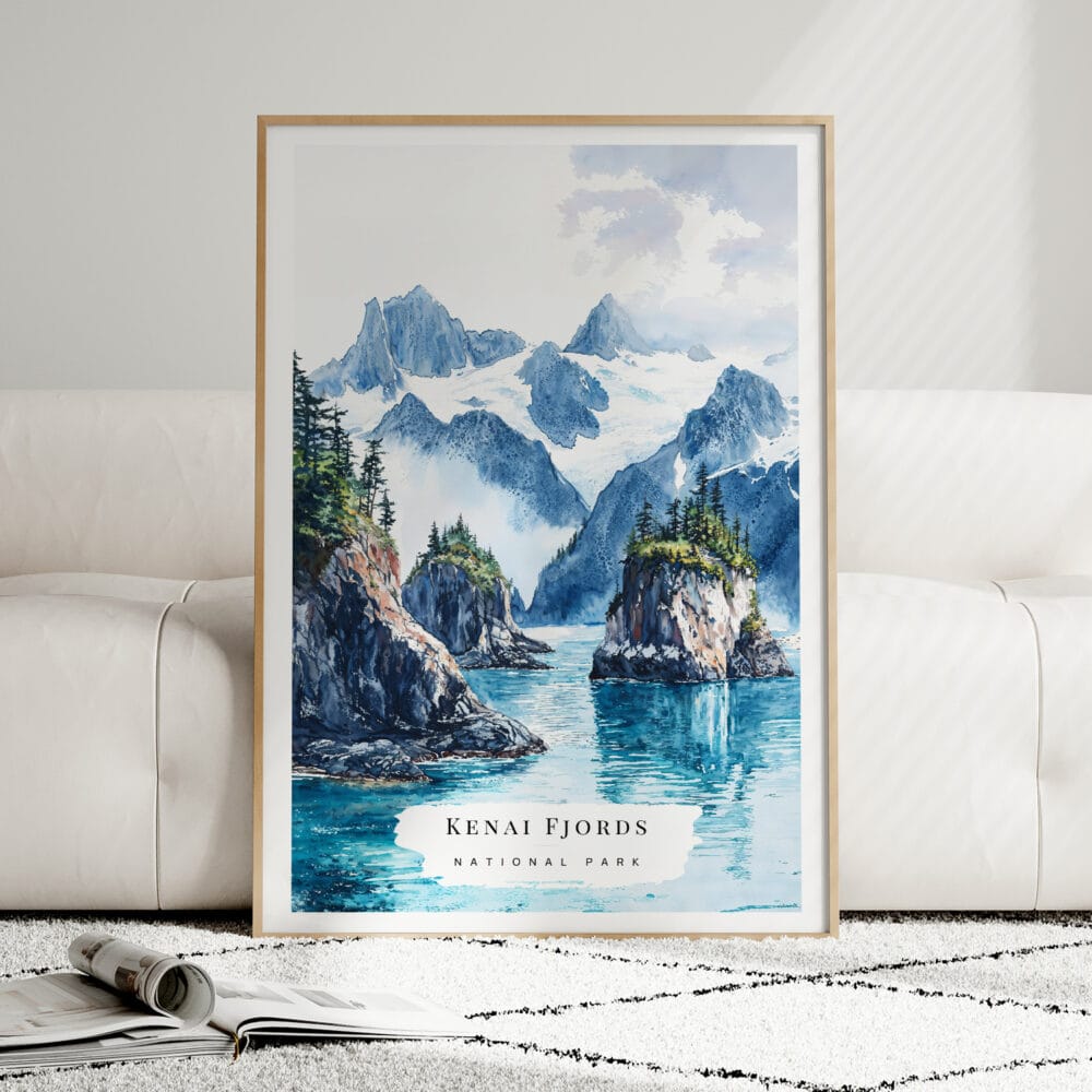 01 - Framed Kenai Fjords National Park Watercolor Wall Art leaning against couch - Portrait.jpg 01 - Framed Kenai Fjords National Park Watercolor Wall Art leaning against couch - Portrait.jpg