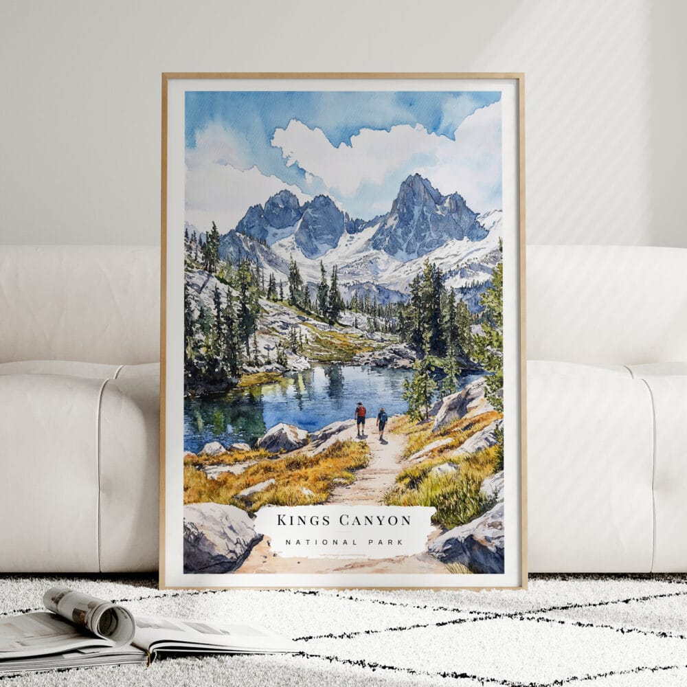 01 - Framed Kings Canyon National Park Watercolor Wall Art leaning against couch - Portrait.jpg 01 - Framed Kings Canyon National Park Watercolor Wall Art leaning against couch - Portrait.jpg