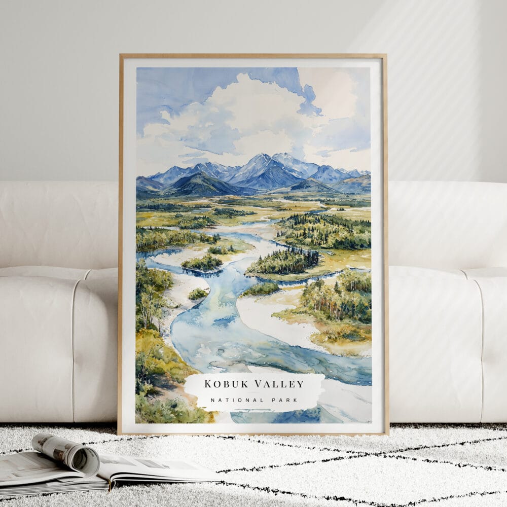 01 - Framed Kobuk Valley National Park Watercolor Wall Art leaning against couch - Portrait.jpg 01 - Framed Kobuk Valley National Park Watercolor Wall Art leaning against couch - Portrait.jpg