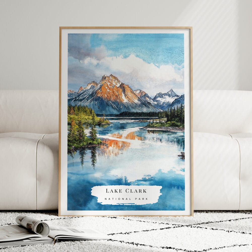 01 - Framed Lake Clark National Park Watercolor Wall Art leaning against couch - Portrait.jpg 01 - Framed Lake Clark National Park Watercolor Wall Art leaning against couch - Portrait.jpg
