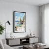 01 - Framed Lake Tahoe Cabin Watercolor Canvas Print - Contemporary Living Room.jpg
