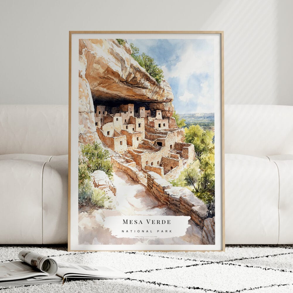 01 - Framed Mesa Verde National Park Watercolor Wall Art leaning against couch - Portrait.jpg 01 - Framed Mesa Verde National Park Watercolor Wall Art leaning against couch - Portrait.jpg