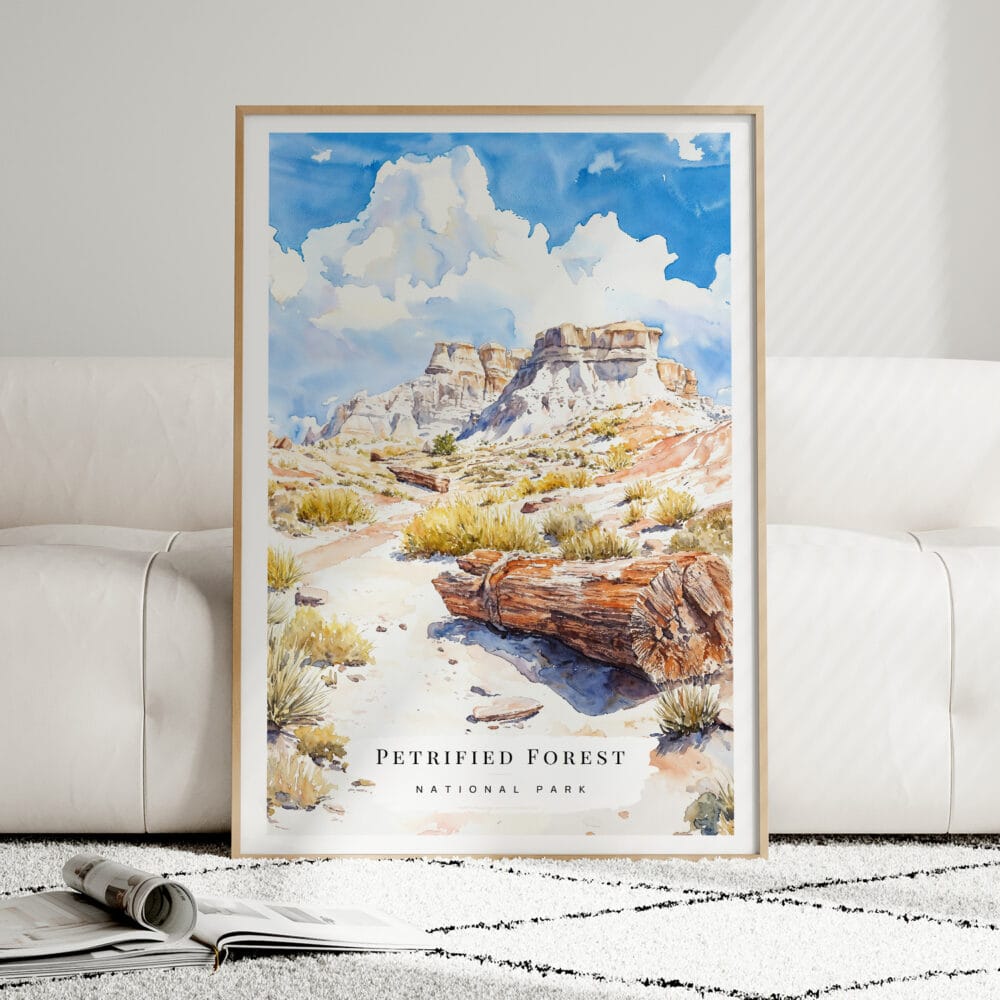 01 - Framed Petrified Forest National Park Watercolor Wall Art leaning against couch - Portrait.jpg 01 - Framed Petrified Forest National Park Watercolor Wall Art leaning against couch - Portrait.jpg