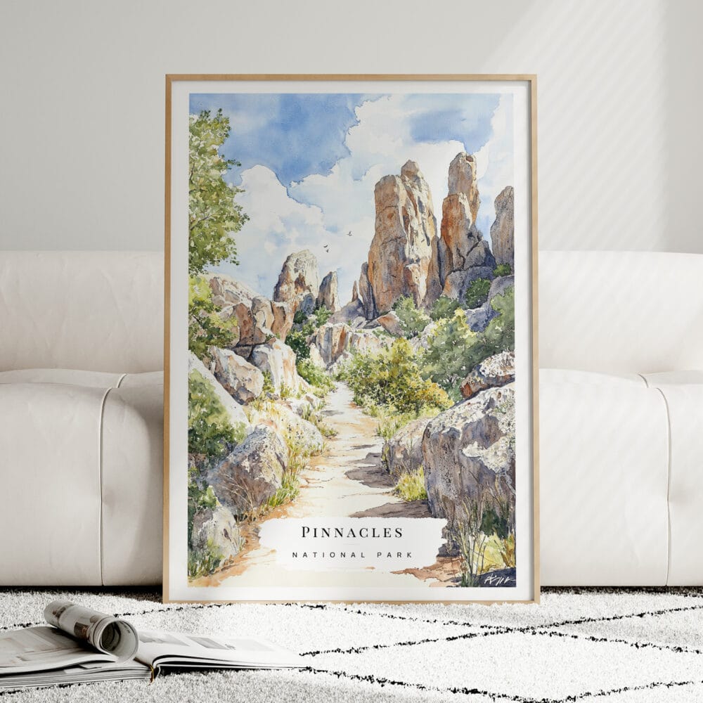 01 - Framed Pinnacles National Park California Watercolor Wall Art leaning against couch - Portrait.jpg 01 - Framed Pinnacles National Park California Watercolor Wall Art leaning against couch - Portrait.jpg