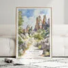 01 - Framed Pinnacles National Park California Watercolor Wall Art leaning against couch - Portrait.jpg