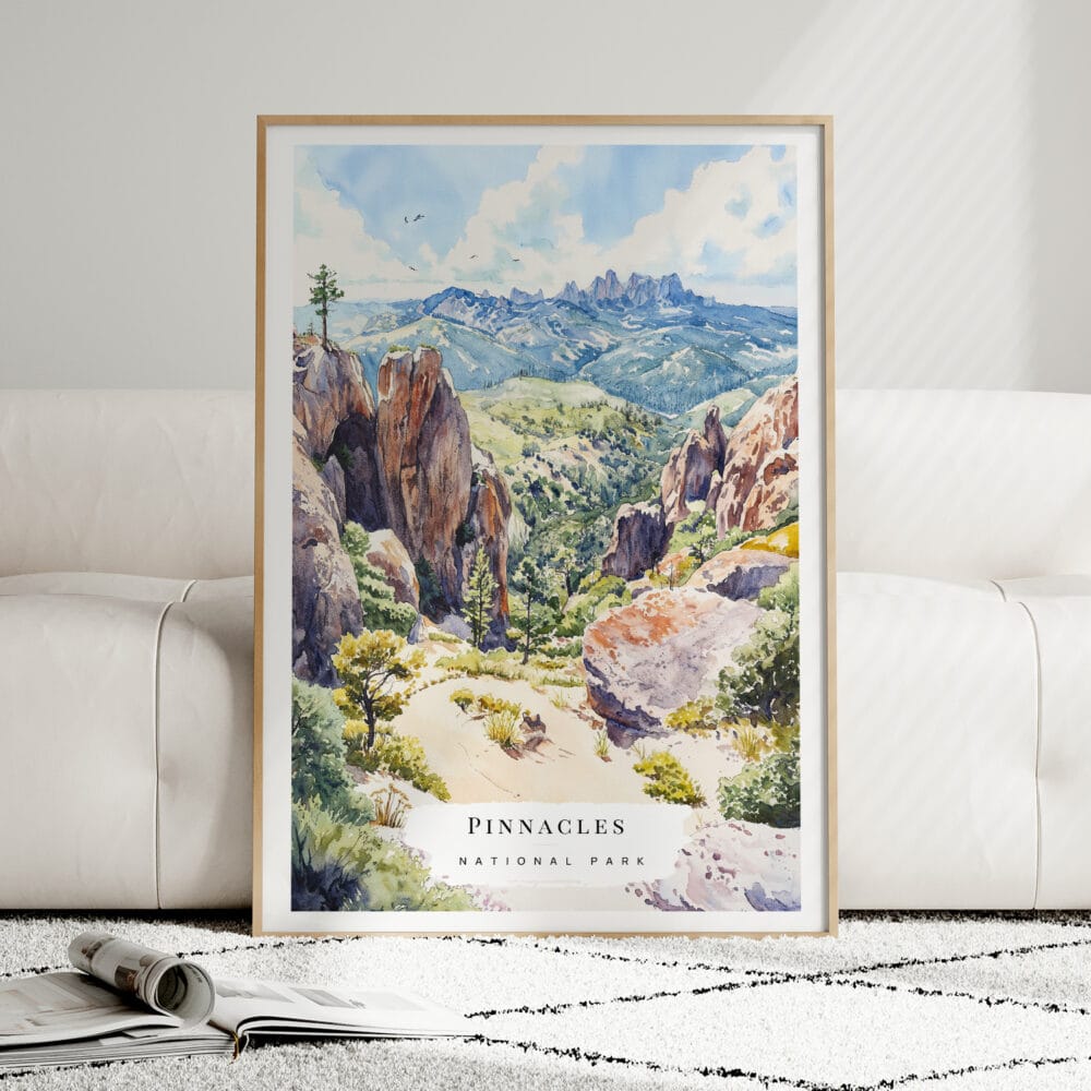 01 - Framed Pinnacles National Park Watercolor Wall Art leaning against couch - Portrait.jpg 01 - Framed Pinnacles National Park Watercolor Wall Art leaning against couch - Portrait.jpg