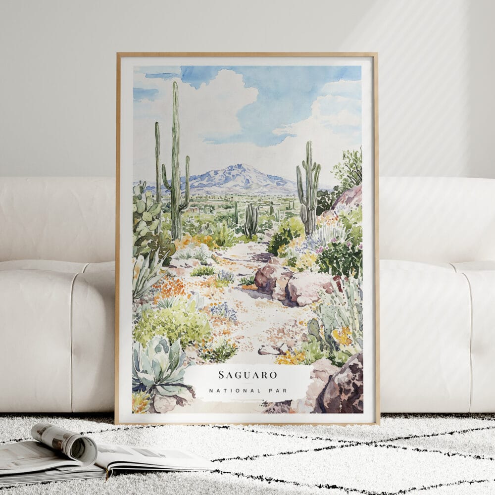 01 - Framed Saguaro National Park Watercolor Wall Art leaning against couch - Portrait.jpg 01 - Framed Saguaro National Park Watercolor Wall Art leaning against couch - Portrait.jpg