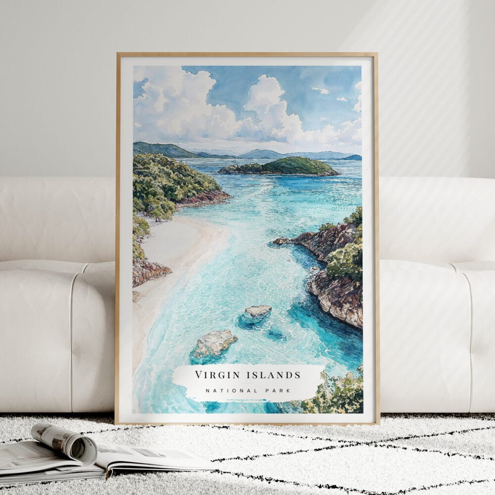 01 - Framed Virgin Islands National Park Watercolor Wall Art leaning against couch - Portrait.jpg 01 - Framed Virgin Islands National Park Watercolor Wall Art leaning against couch - Portrait.jpg