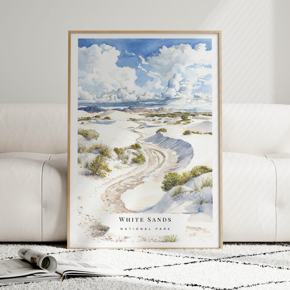 01 - Framed White Sands National Park Watercolor Wall Art leaning against couch - Portrait.jpg 01 - Framed White Sands National Park Watercolor Wall Art leaning against couch - Portrait.jpg