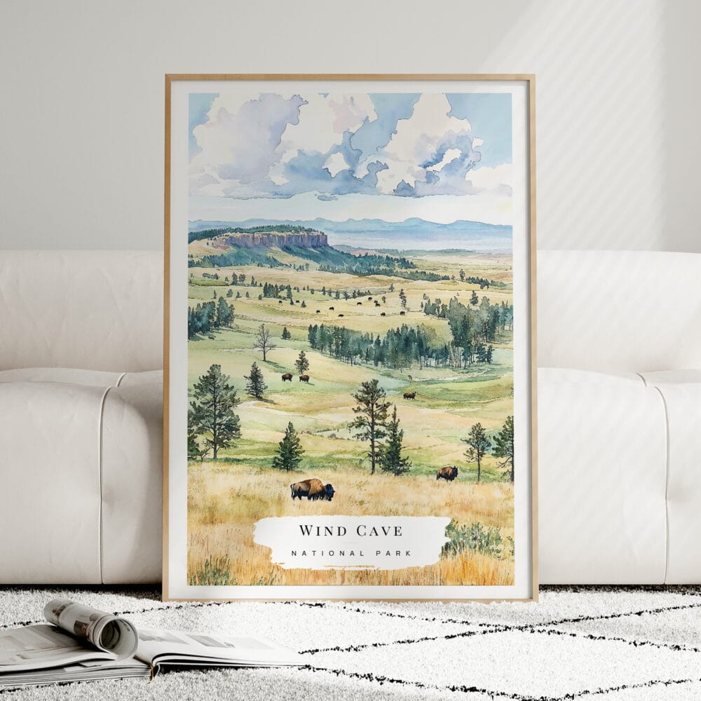 01 - Framed Wind Cave National Park Watercolor Wall Art leaning against couch - Portrait.jpg 01 - Framed Wind Cave National Park Watercolor Wall Art leaning against couch - Portrait.jpg