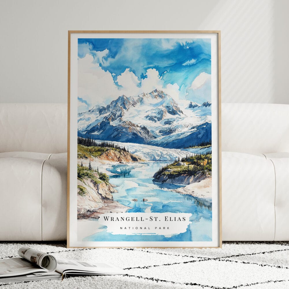 01 - Framed Wrangell-St. Elias National Park Watercolor Wall Art leaning against couch - Portrait.jpg 01 - Framed Wrangell-St. Elias National Park Watercolor Wall Art leaning against couch - Portrait.jpg