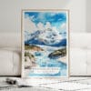 01 - Framed Wrangell-St. Elias National Park Watercolor Wall Art leaning against couch - Portrait.jpg
