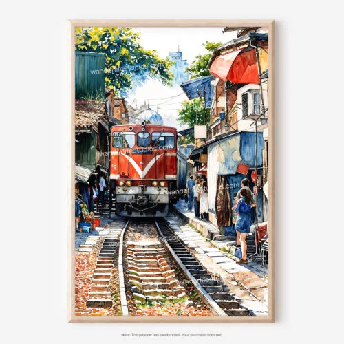 01 - Hanoi Train Street Vietnam Watercolor Art - Digital Downloads - Main.jpg