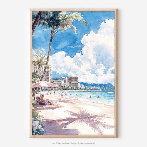 01 - Hawaii Honolulu Waikiki Watercolor Art - Digital Downloads - Main.jpg