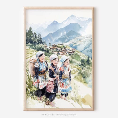 01 - Hmong People in Sapa Vietnam Watercolor Art - Digital Downloads - Main.jpg