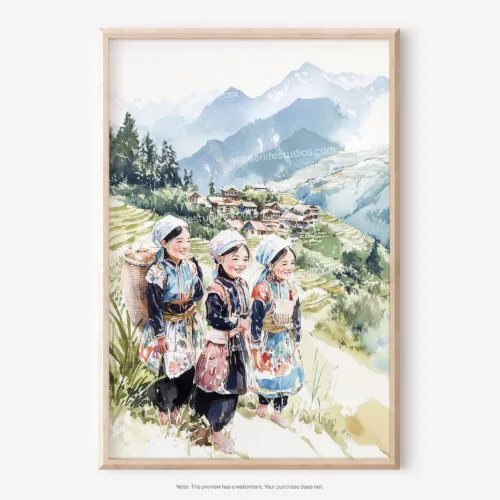 01 - Hmong People in Sapa Vietnam Watercolor Art - Digital Downloads - Main.jpg