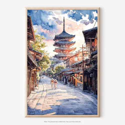 01 - Kyoto Japan - Pagoda - Sunset Watercolor Art - Digital Downloads - Main.jpg