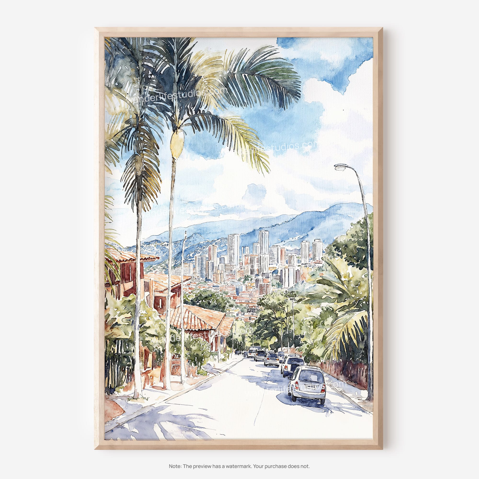 Medellín Colombia Watercolor Art – Digital Download Cityscape Wall Art