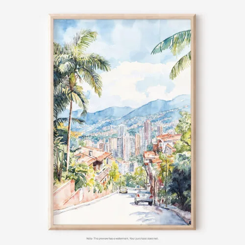 01 - Medellin Skyline watercolor Art - Digital Downloads - Main.jpg