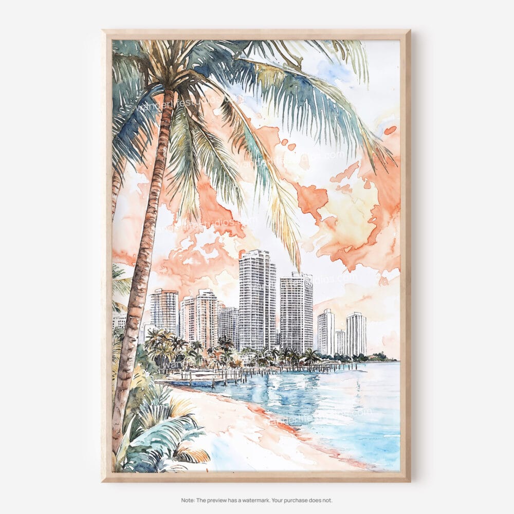 01 - Miami Florida Sunset Watercolor Art - Digital Downloads - Main.jpg