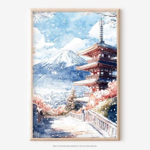 01 - Mount Fuji and Pagoda Watercolor Art - Digital Downloads - Main.jpg