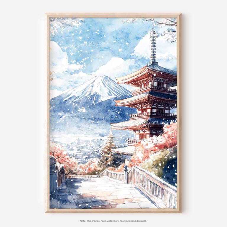 01 - Mount Fuji and Pagoda Watercolor Art - Digital Downloads - Main.jpg