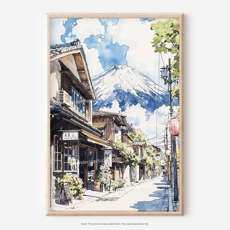 01 - Mount Fuji and Village Watercolor Art - Digital Downloads - Main.jpg