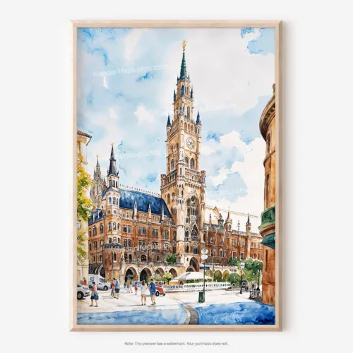 01 - Munich Marienplatz Watercolor Art - Digital Downloads - Main.jpg