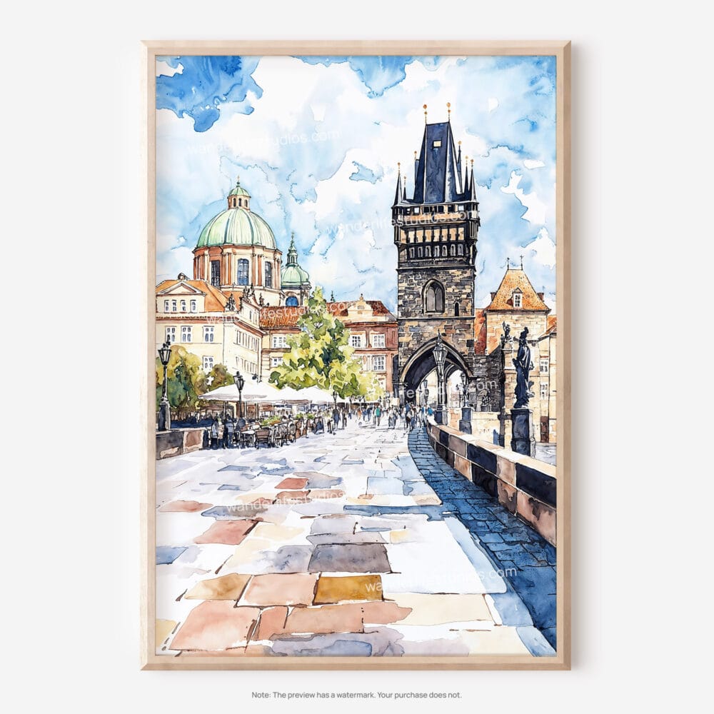 01 - Prague Charles Bridge Watch TowerWatercolor Art - Digital Downloads - Main.jpg