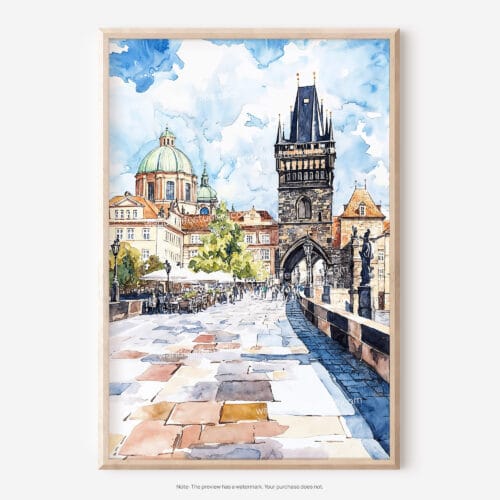 01 - Prague Charles Bridge Watch TowerWatercolor Art - Digital Downloads - Main.jpg