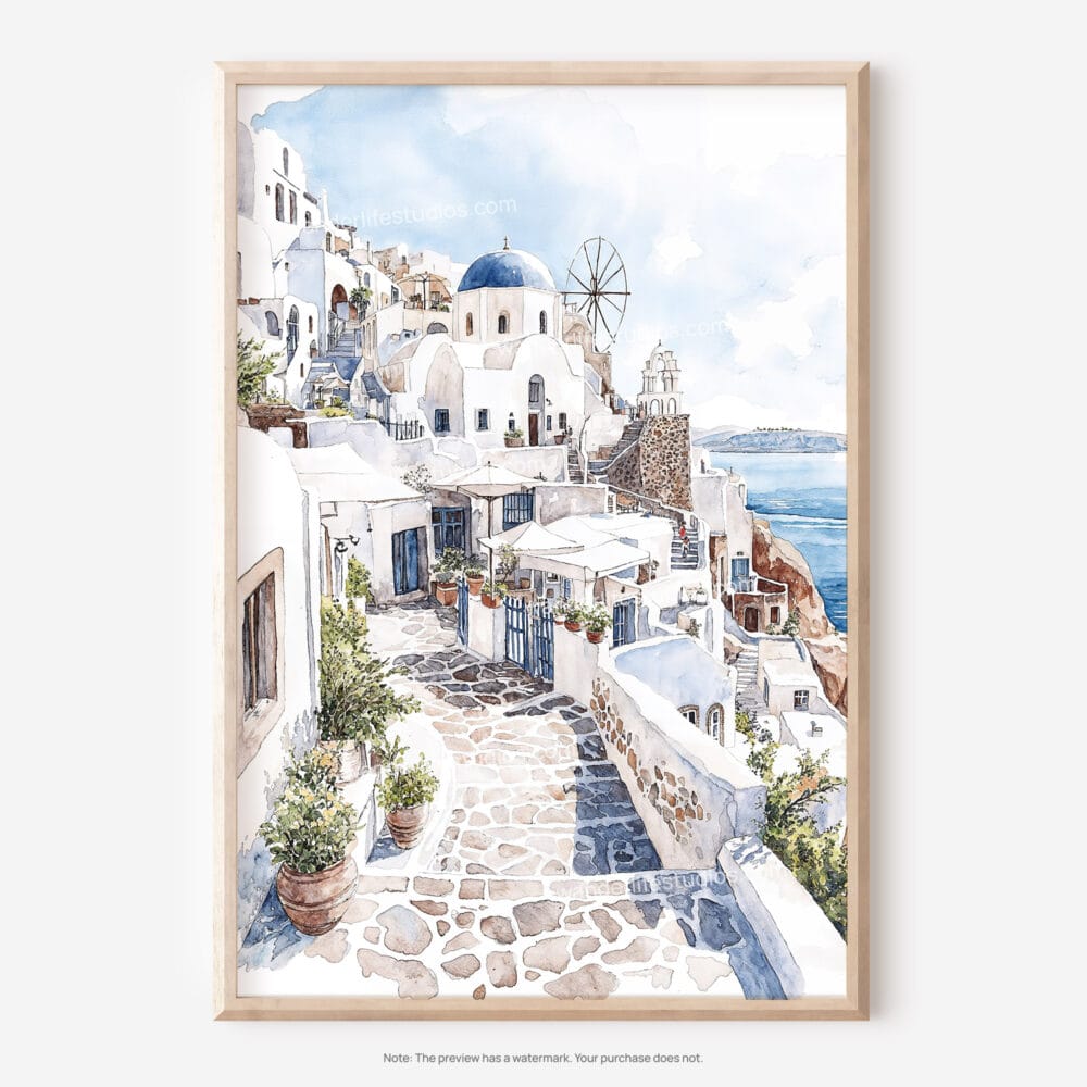 01 - Santorini Blue Dome Watercolor Art - Digital Downloads - Main.jpg