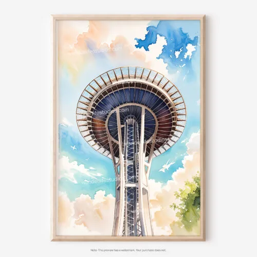 01 - Seattle Space Needle Closeup Watercolor Art - Digital Downloads - Main.jpg