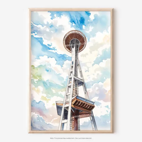 01 - Seattle Space Needle Watercolor Art - Digital Downloads - Main.jpg