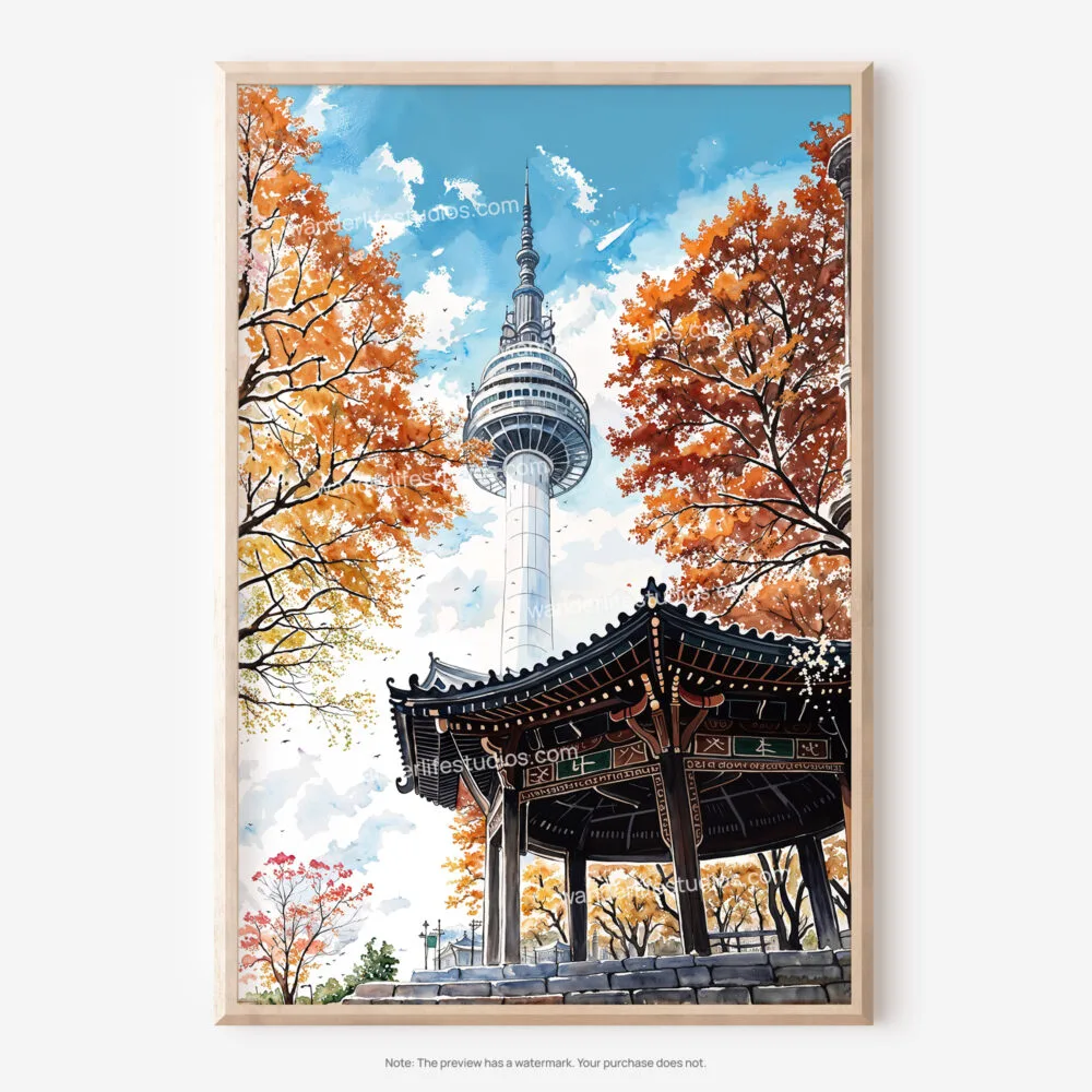 01 - Seoul N Seoul Tower Watercolor Art - Digital Downloads - Main.jpg