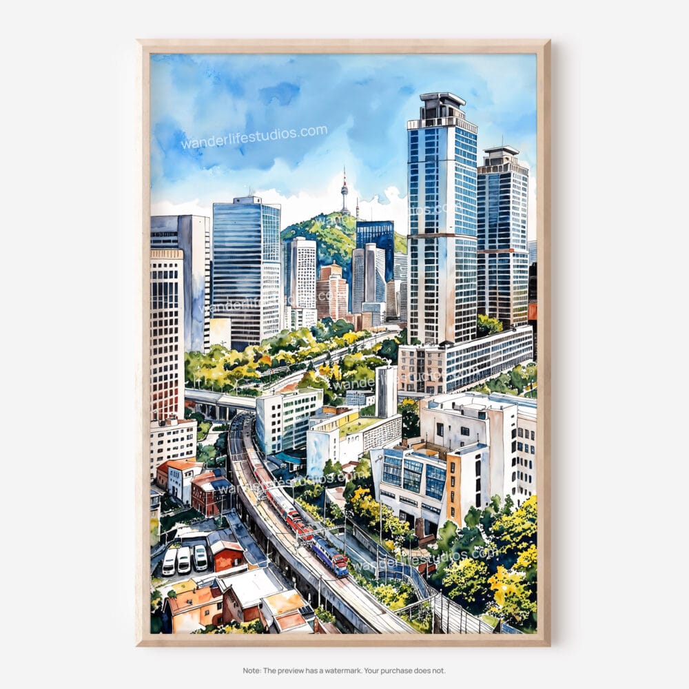 01 - Seoul Skyline Watercolor Art - Digital Downloads - Main.jpg