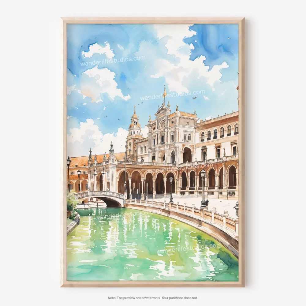 01 - Seville Plaza De Espana Watercolor Art - Digital Downloads - Main.jpg