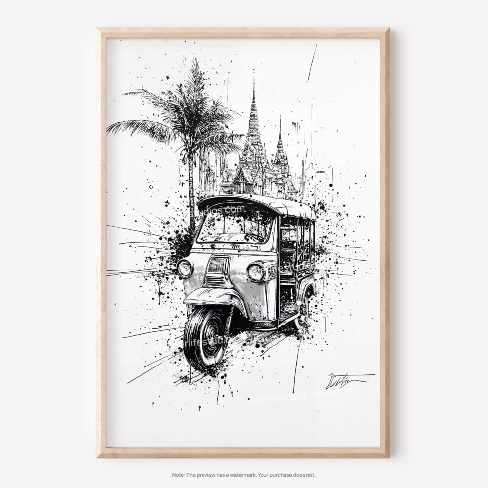 01 - Thailand - Tuk Tuk 1 Pencil Drawing Art - Digital Downloads - Main.jpg