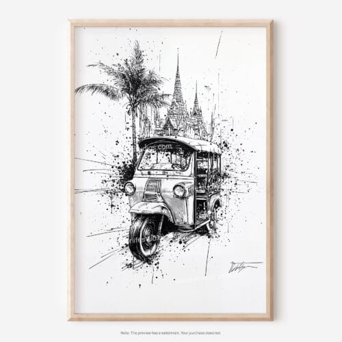 01 - Thailand - Tuk Tuk 1 Pencil Drawing Art - Digital Downloads - Main.jpg