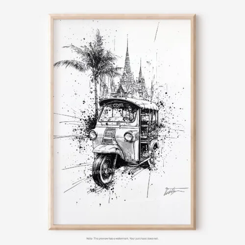 01 - Thailand - Tuk Tuk 1 Pencil Drawing Art - Digital Downloads - Main.jpg