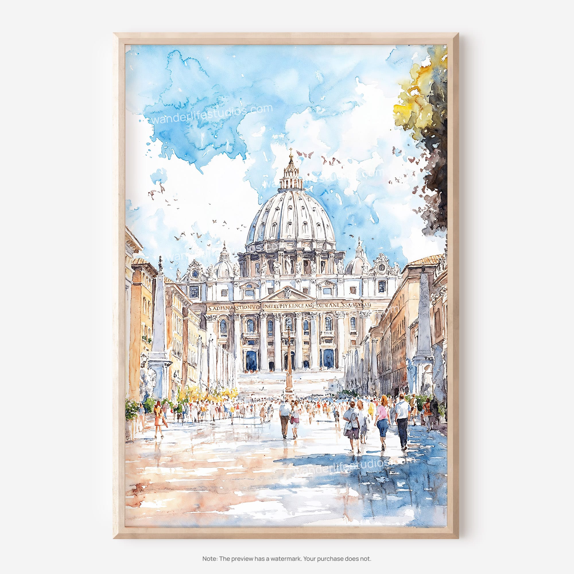 Vatican City Watercolor Art: Digital Download of St. Peter’s Basilica
