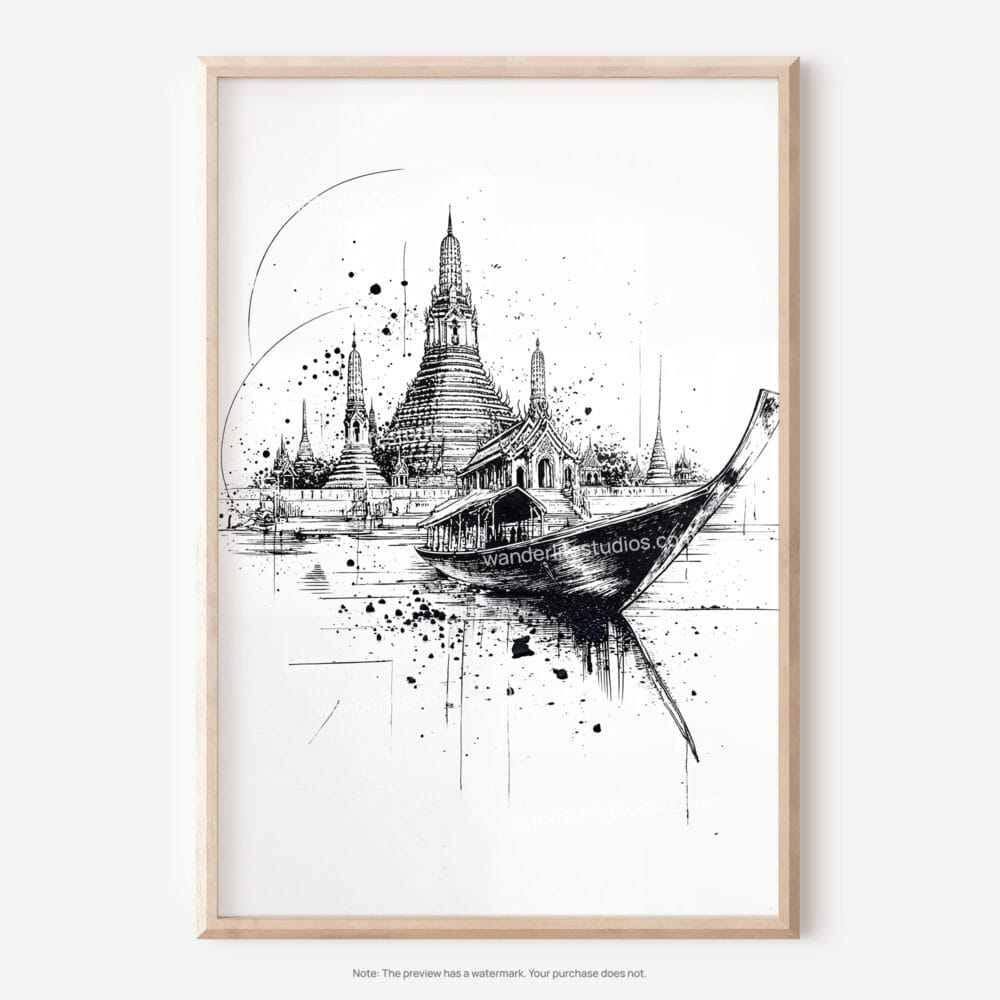 01 - Wat arun with boat Pencil Drawing Art - Digital Downloads - Main.jpg