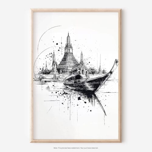 01 - Wat arun with boat Pencil Drawing Art - Digital Downloads - Main.jpg
