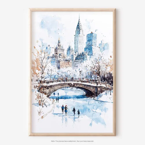 01 - White Christmas Central Park New York Watercolor Art - Digital Downloads - Main.jpg
