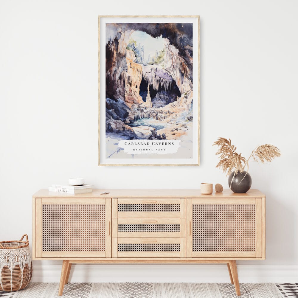 02 - Carlsbad Caverns National Park Watercolor Art Print Hanging above Shelf.jpg 02 - Carlsbad Caverns National Park Watercolor Art Print Hanging above Shelf.jpg