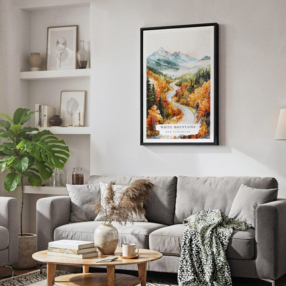 02 - Framed White Mountains New Hampshire Watercolor Canvas Print - Skandinavian Living Room.jpg 02 - Framed White Mountains New Hampshire Watercolor Canvas Print - Skandinavian Living Room.jpg