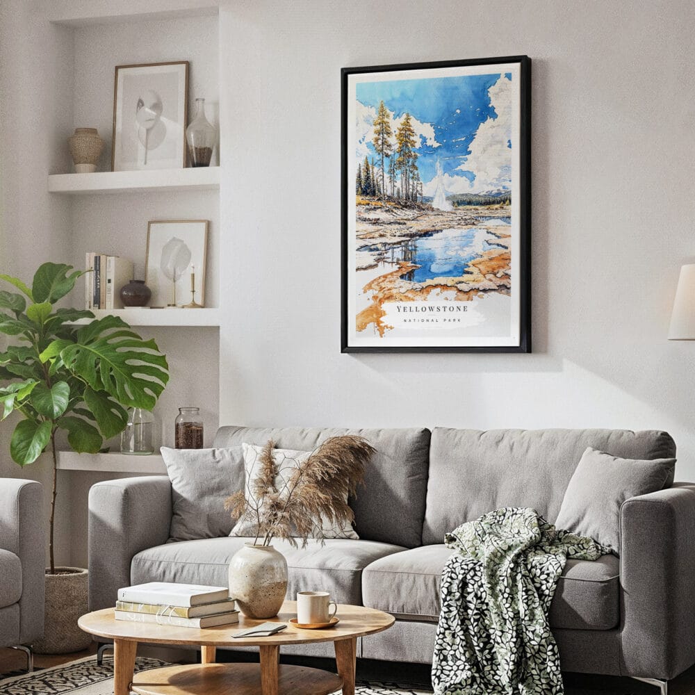 02 - Framed Yellowstone National Park Watercolor Canvas Print - Skandinavian Living Room.jpg 02 - Framed Yellowstone National Park Watercolor Canvas Print - Skandinavian Living Room.jpg
