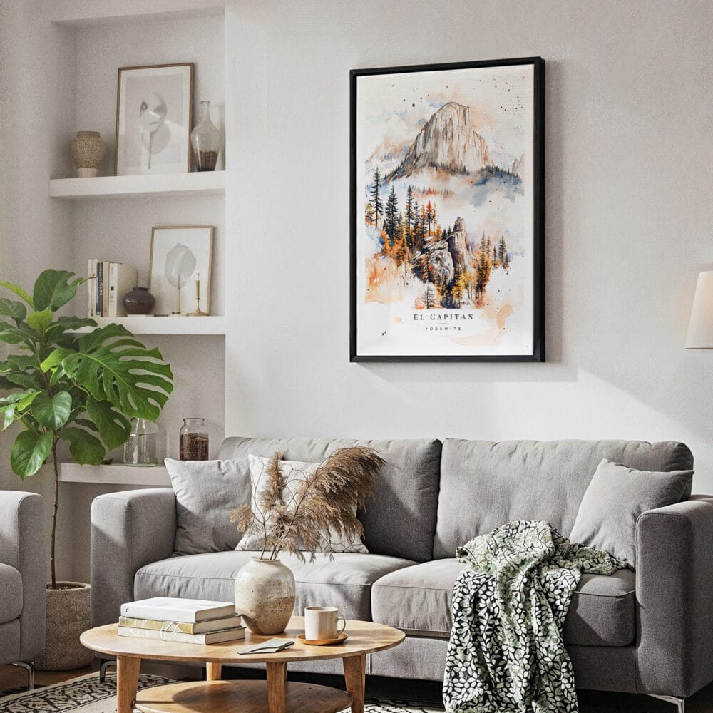 02 - Framed Yosemite El Capitan Watercolor Canvas Print - Skandinavian Living Room.jpg 02 - Framed Yosemite El Capitan Watercolor Canvas Print - Skandinavian Living Room.jpg