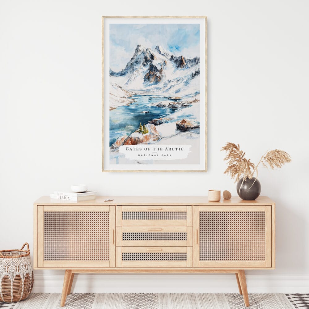 02 - Gates of the Arctic National Park Watercolor Art Print Hanging above Shelf.jpg 02 - Gates of the Arctic National Park Watercolor Art Print Hanging above Shelf.jpg