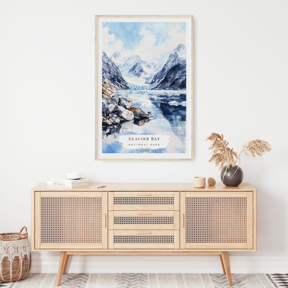 02 - Glacier Bay National Park Watercolor Art Print Hanging above Shelf.jpg 02 - Glacier Bay National Park Watercolor Art Print Hanging above Shelf.jpg
